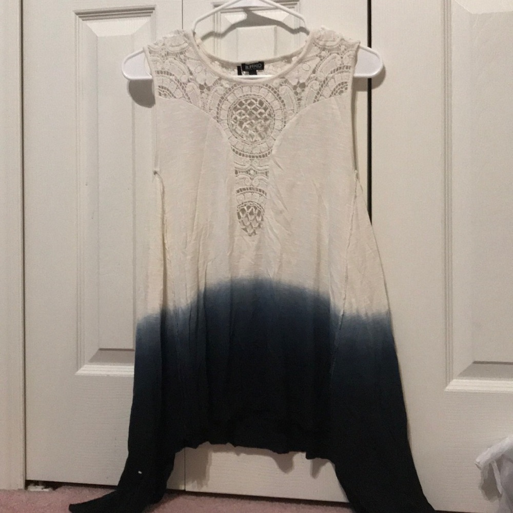 White and blue tank with lace on the top